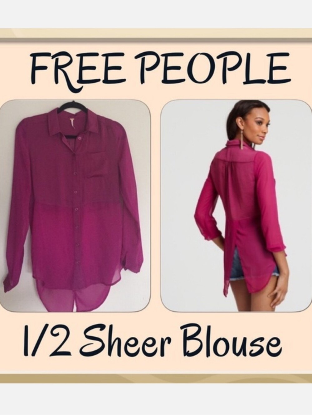 Free People Best Of Both Worlds 1/2 Sheer Fuchsia Button-Up Blouse EUC Sz XS - Picture 9 of 9